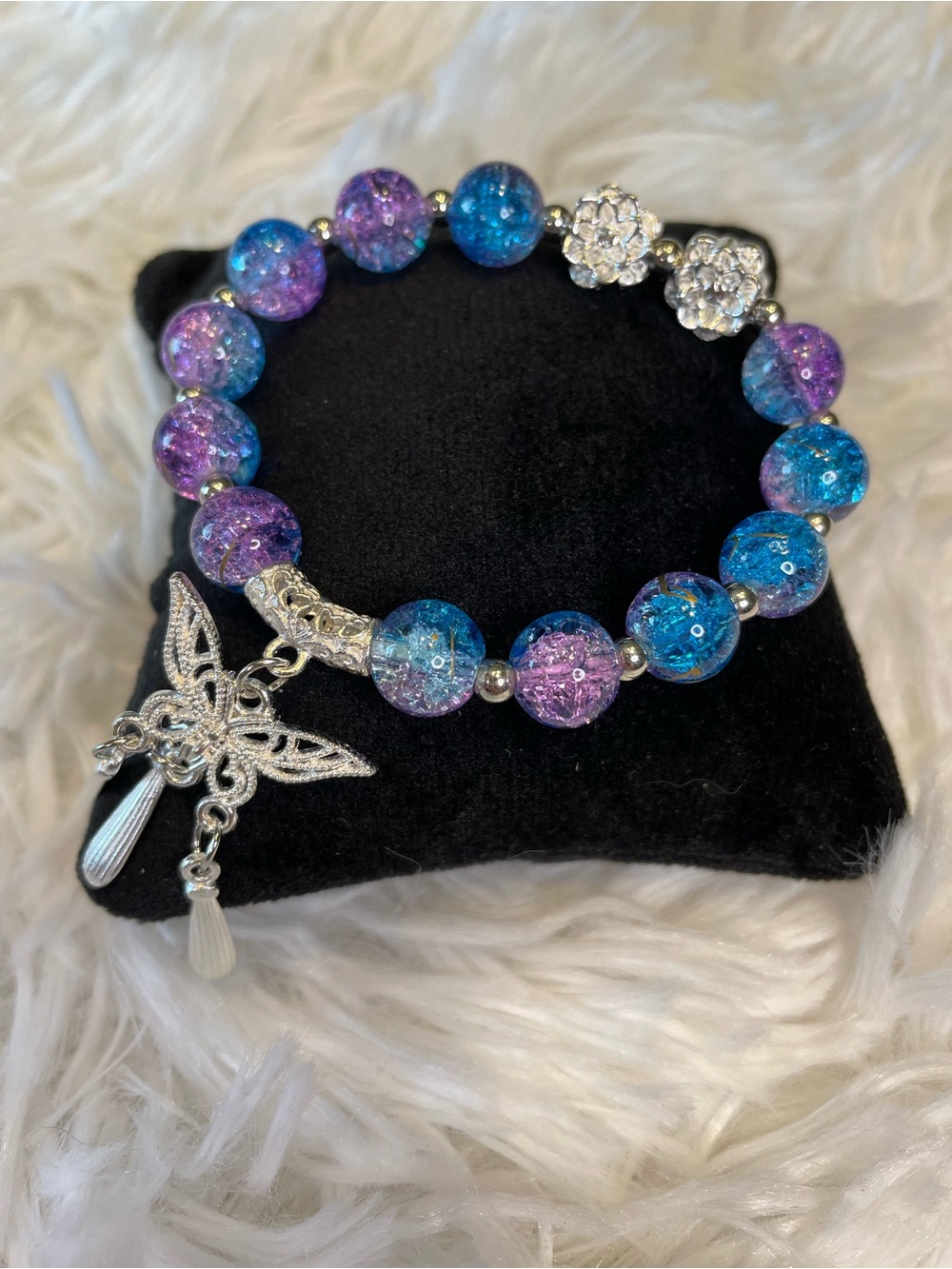 Purple and Blue Crackle Bead Bracelet with Butterfly Charm